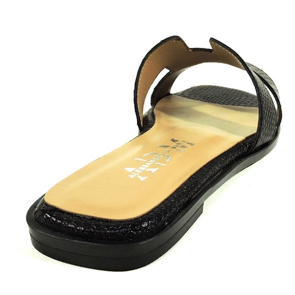 ALESSANDRO DI MARIA 🇮🇹 WOMEN'S BLACK LEATHER FLAT SUMMER SANDALS - Picture 5 of 8